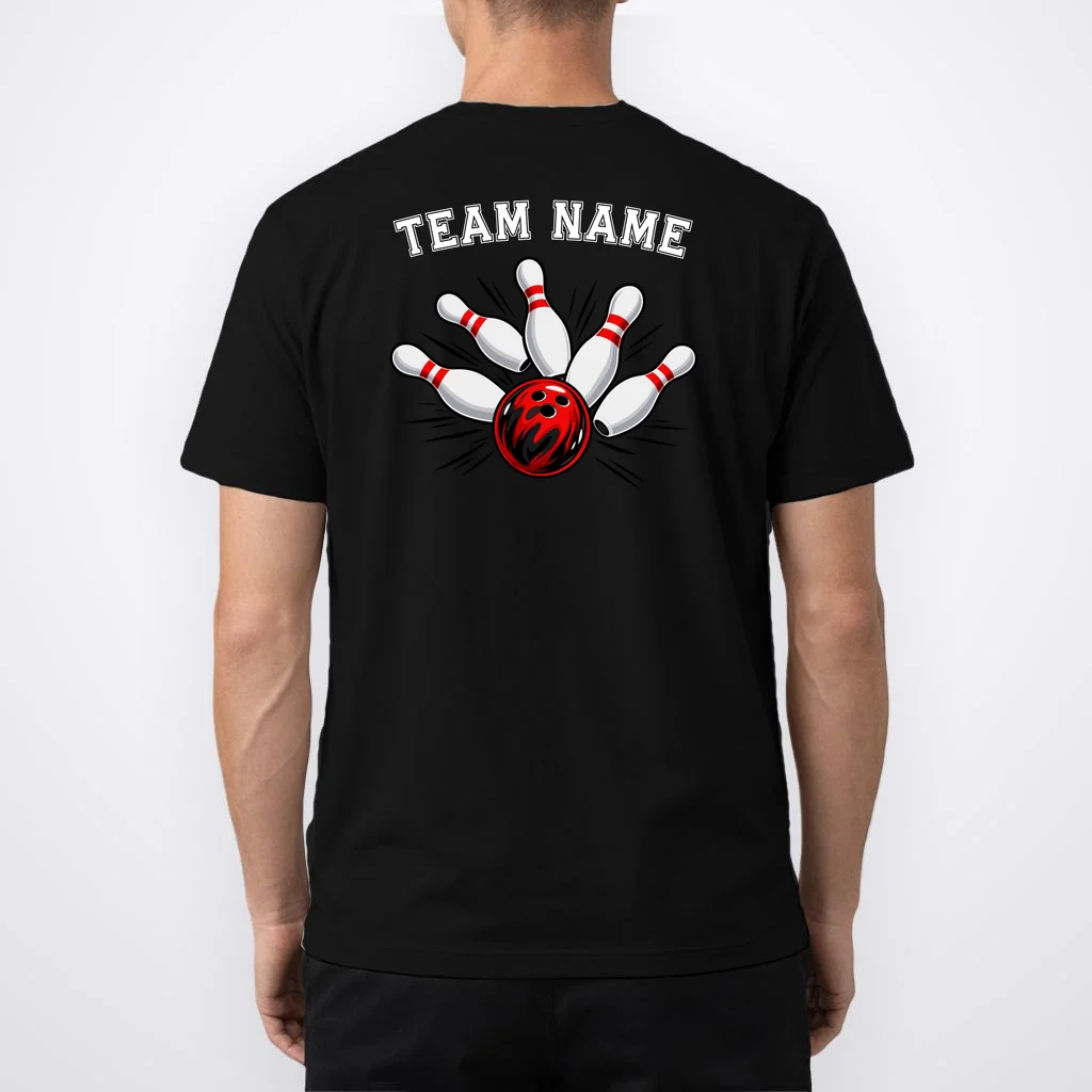 Bowling Team Name Personalized Custom Gift -  Bowling Pins & Ball Matching Design Men's T-Shirt - Back 1