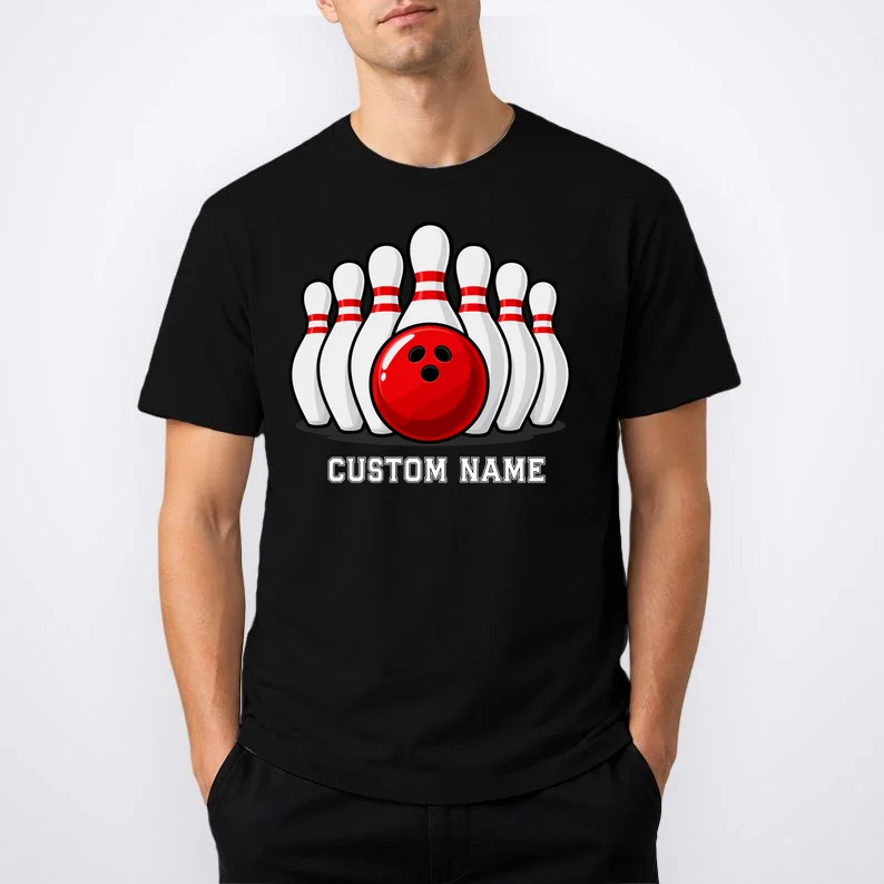 Bowling Team Name Personalized Custom Gift -  Bowling Pins & Ball Matching Design Men's T-Shirt - Front 1