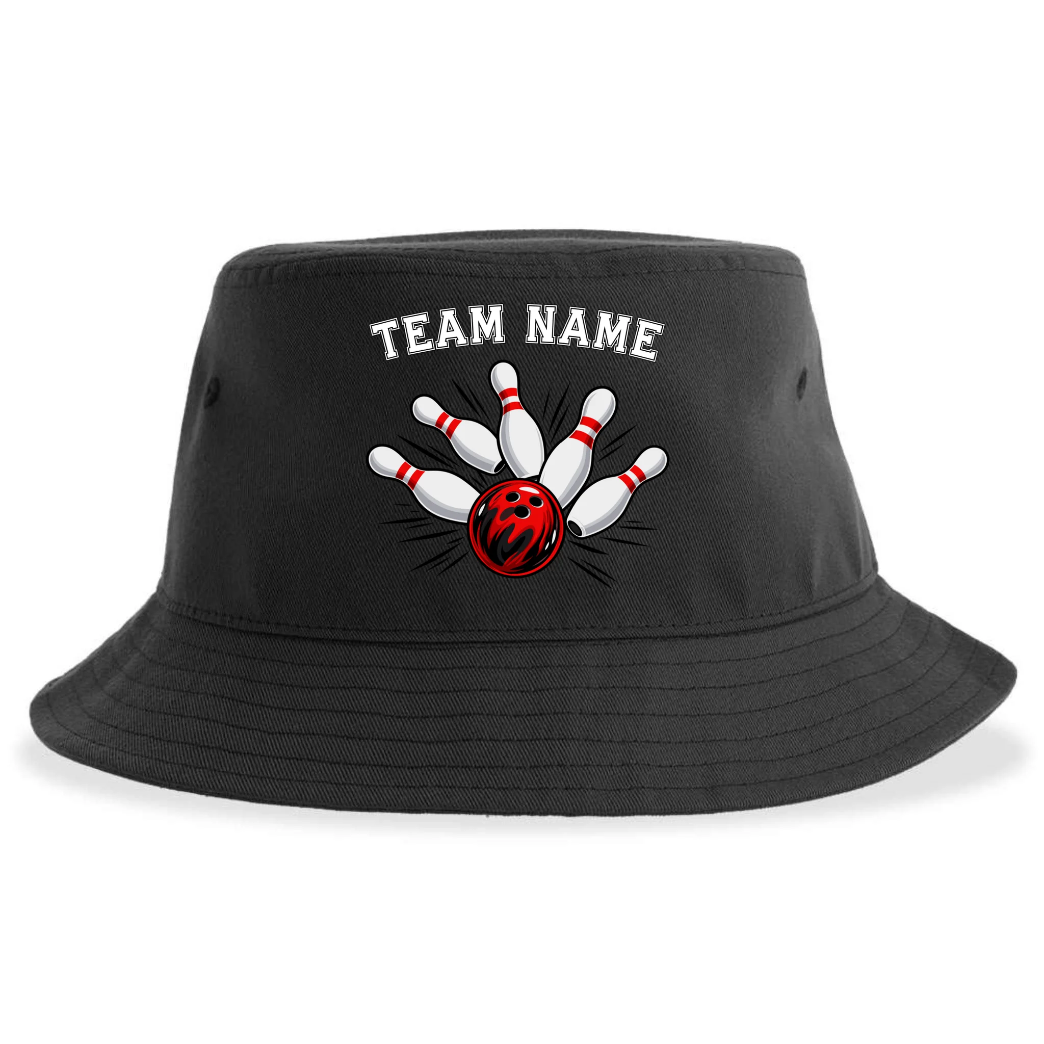 Bowling Team Name Personalized Custom Gift -  Bowling Pins & Ball Matching Design Bucket Hat - Back - Close-up