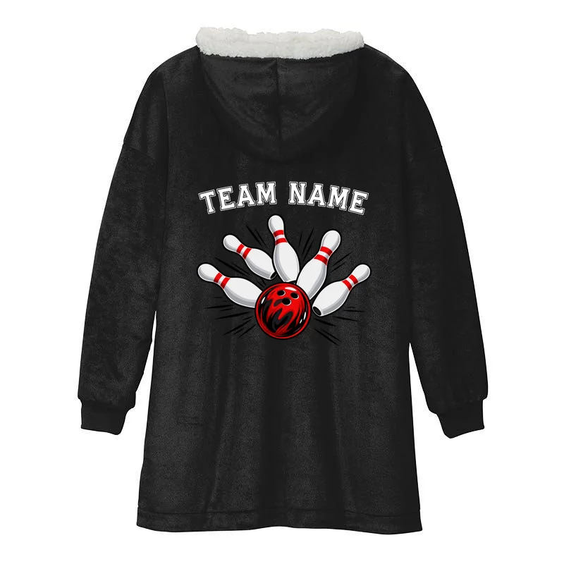 Bowling Team Name Personalized Custom Gift -  Bowling Pins & Ball Matching Design Hooded Blanket - Back - Close-up