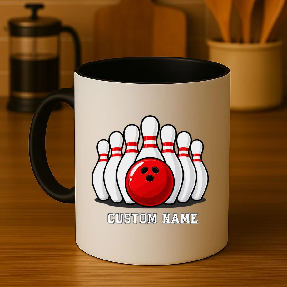 Bowling Team Name Personalized Custom Gift -  Bowling Pins & Ball Matching Design Mug - Front 3