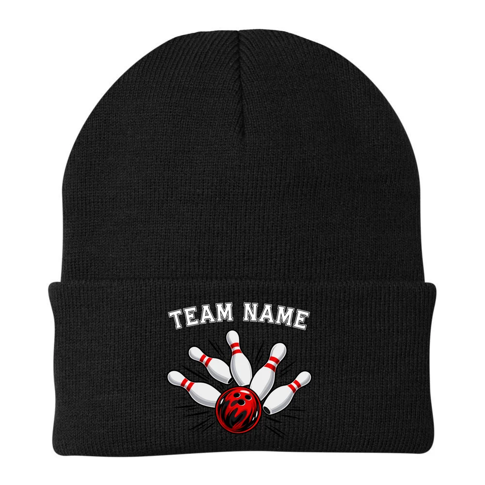 Bowling Team Name Personalized Custom Gift -  Bowling Pins & Ball Matching Design Beanie - Back - Close-up