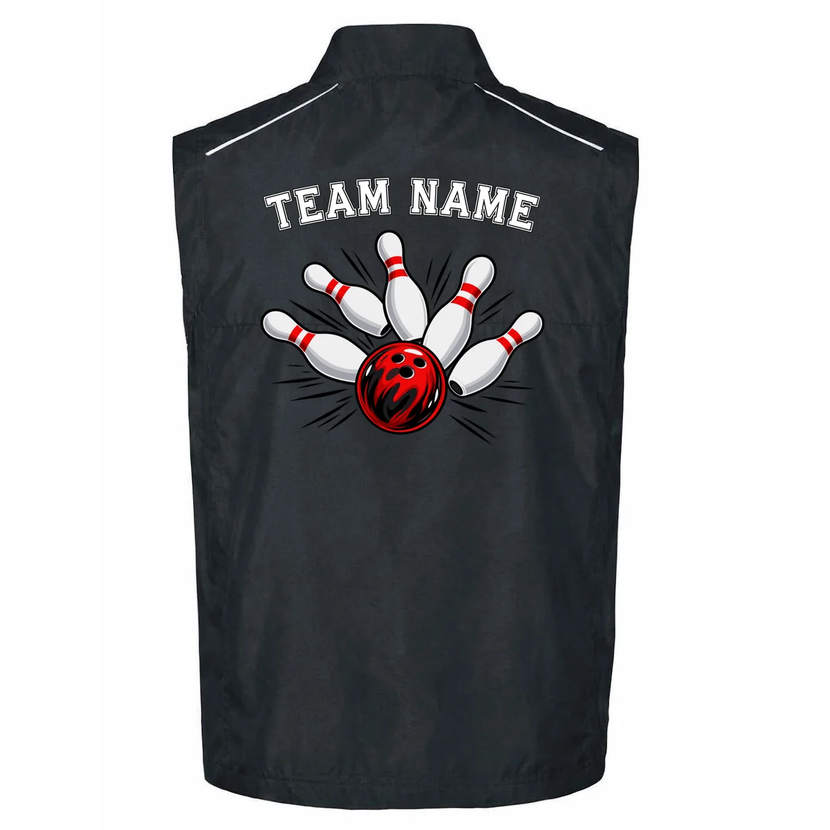 Bowling Team Name Personalized Custom Gift -  Bowling Pins & Ball Matching Design Men's Vest - Back - Close-up