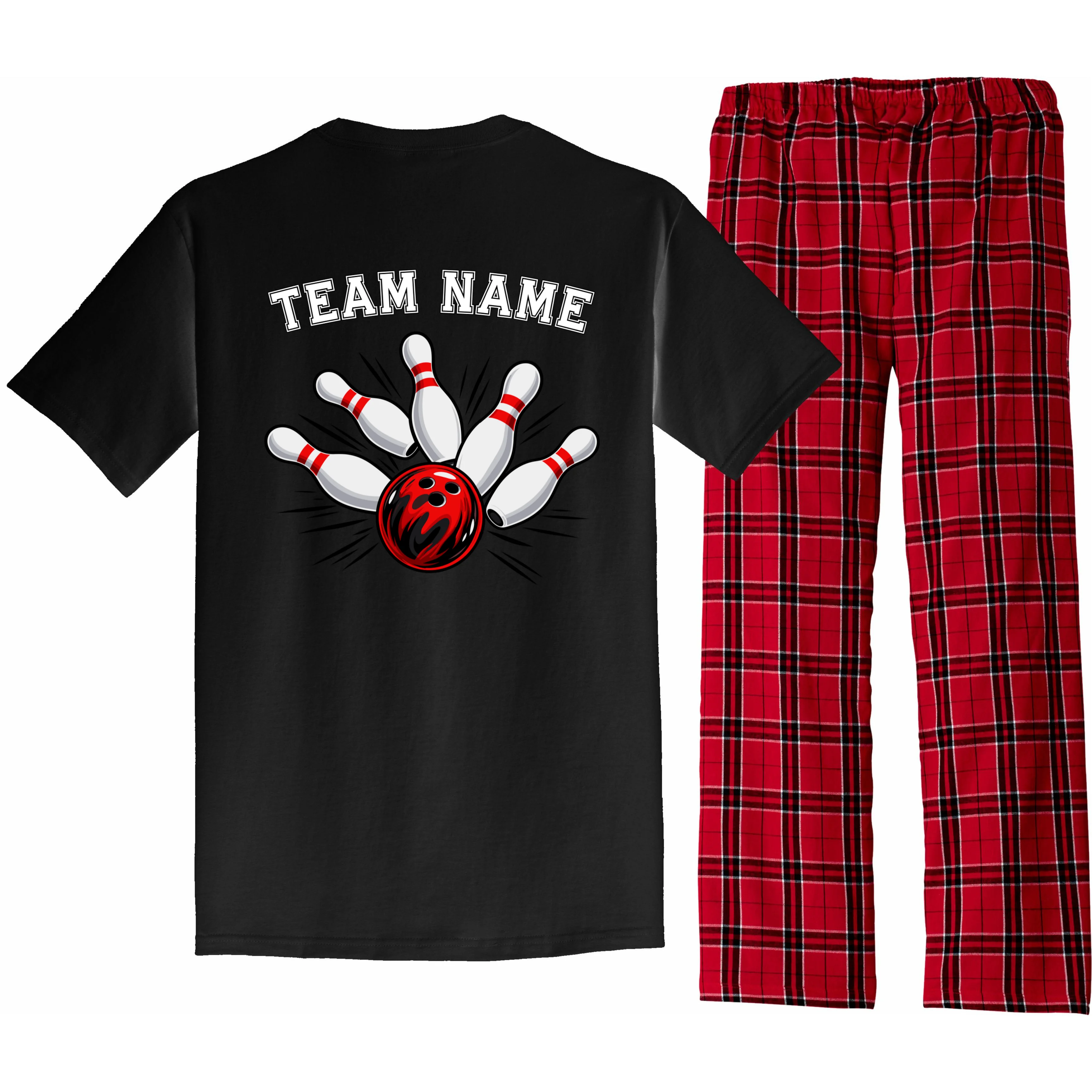 Bowling Team Name Personalized Custom Gift -  Bowling Pins & Ball Matching Design Men's Pajamas - Back - Close-up