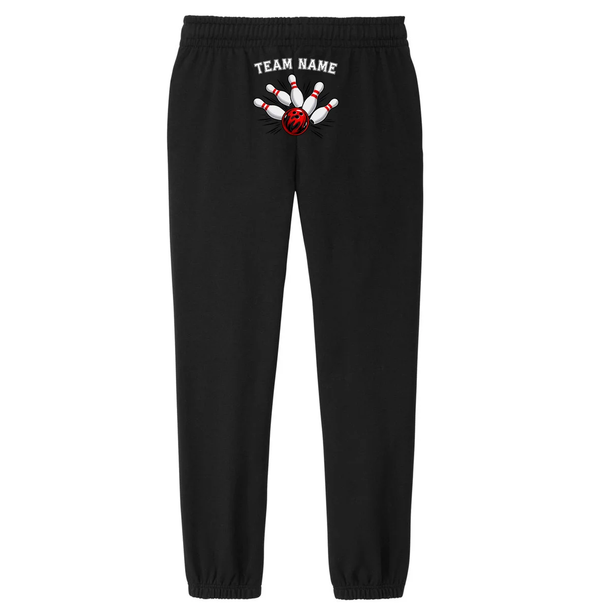 Bowling Team Name Personalized Custom Gift -  Bowling Pins & Ball Matching Design Women's Fleece Sweatpants - Back - Close-up