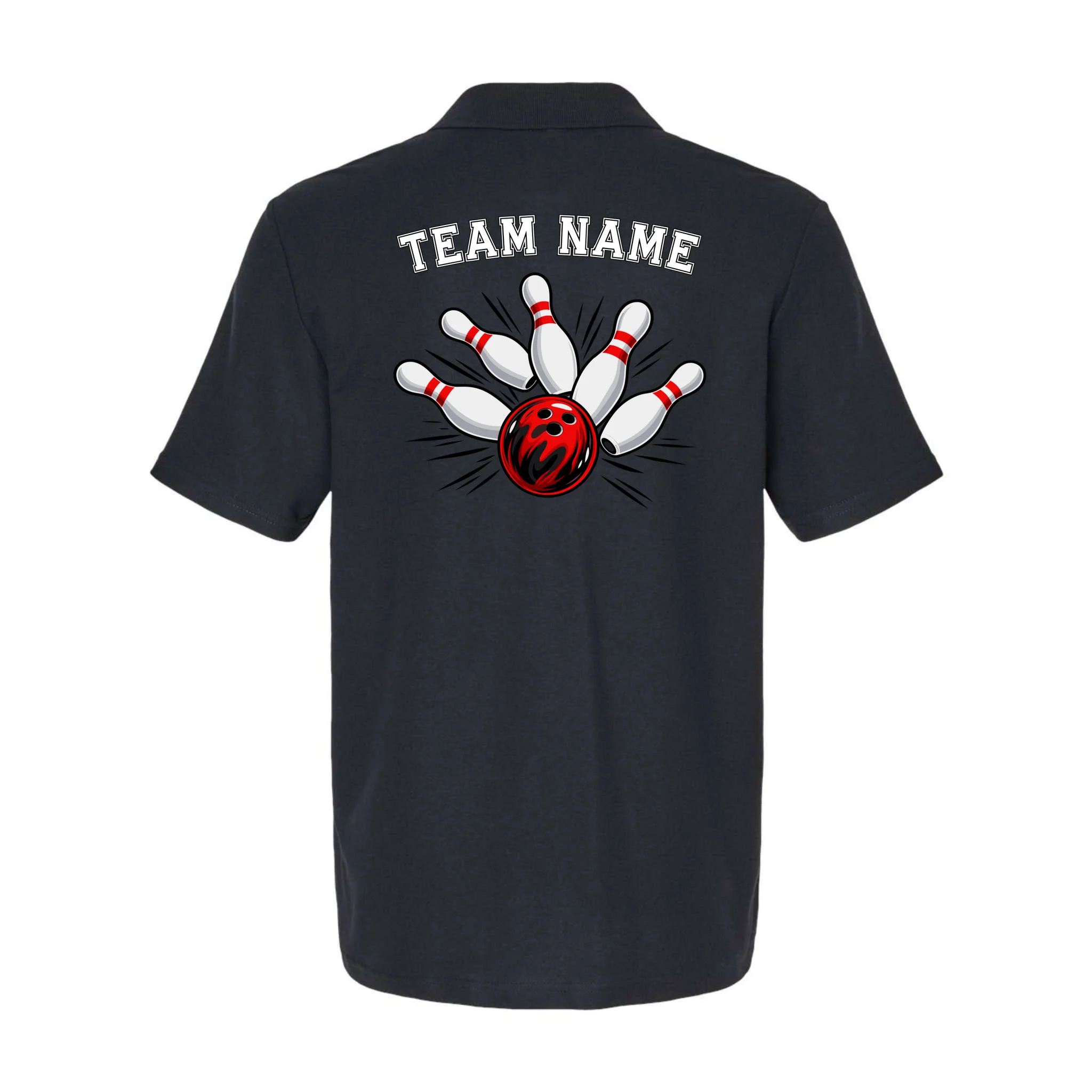 Bowling Team Name Personalized Custom Gift -  Bowling Pins & Ball Matching Design Men's Polo - Back