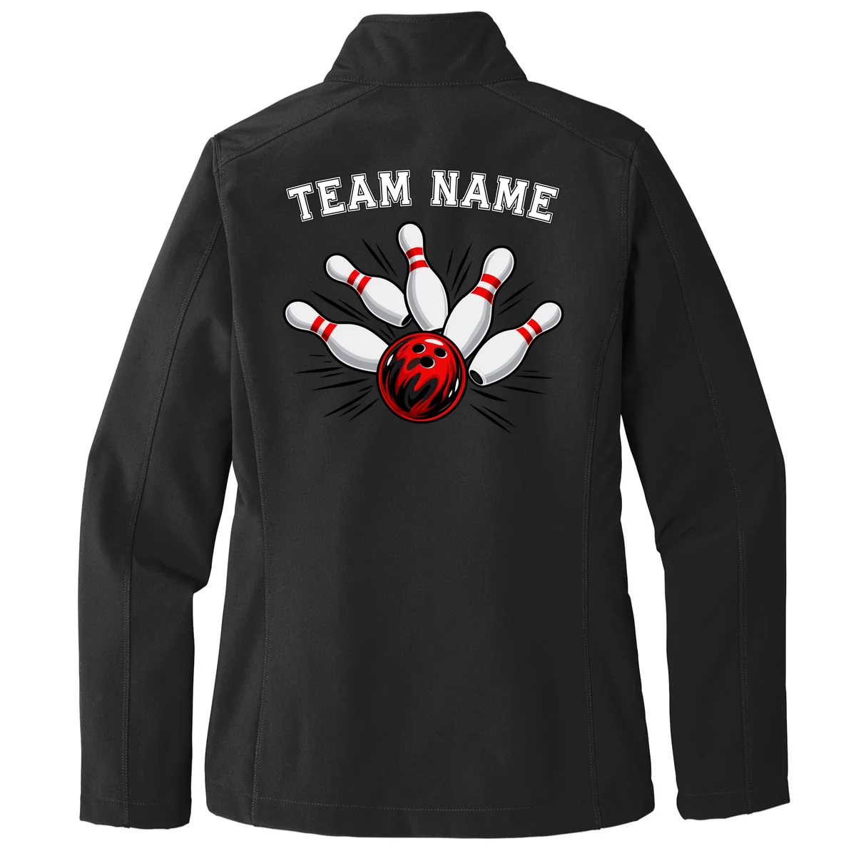 Bowling Team Name Personalized Custom Gift -  Bowling Pins & Ball Matching Design Women's Soft Jacket - Back - Close-up