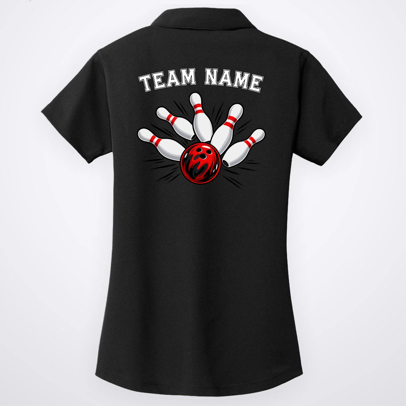 Bowling Team Name Personalized Custom Gift -  Bowling Pins & Ball Matching Design Women's Polo - Back - Close-up