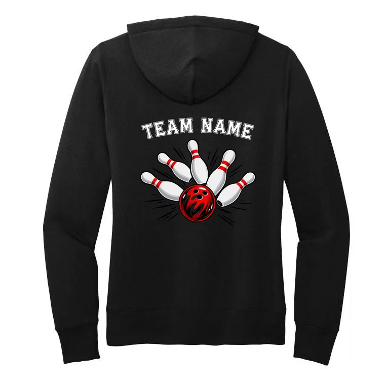 Bowling Team Name Personalized Custom Gift -  Bowling Pins & Ball Matching Design Women's Pullover Hoodie - Back - Close-up