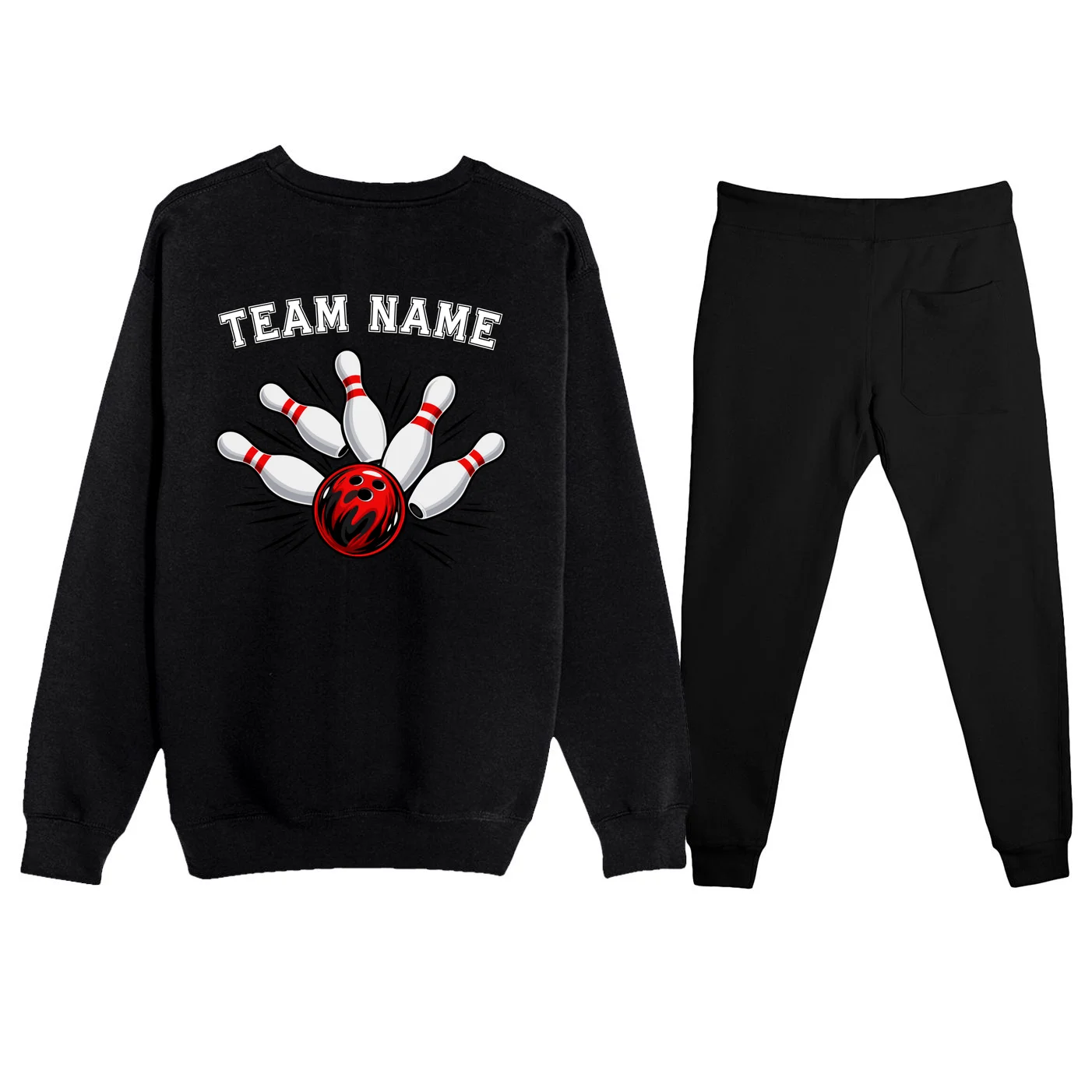 Bowling Team Name Personalized Custom Gift -  Bowling Pins & Ball Matching Design Men's Sweatsuit - Back - Close-up