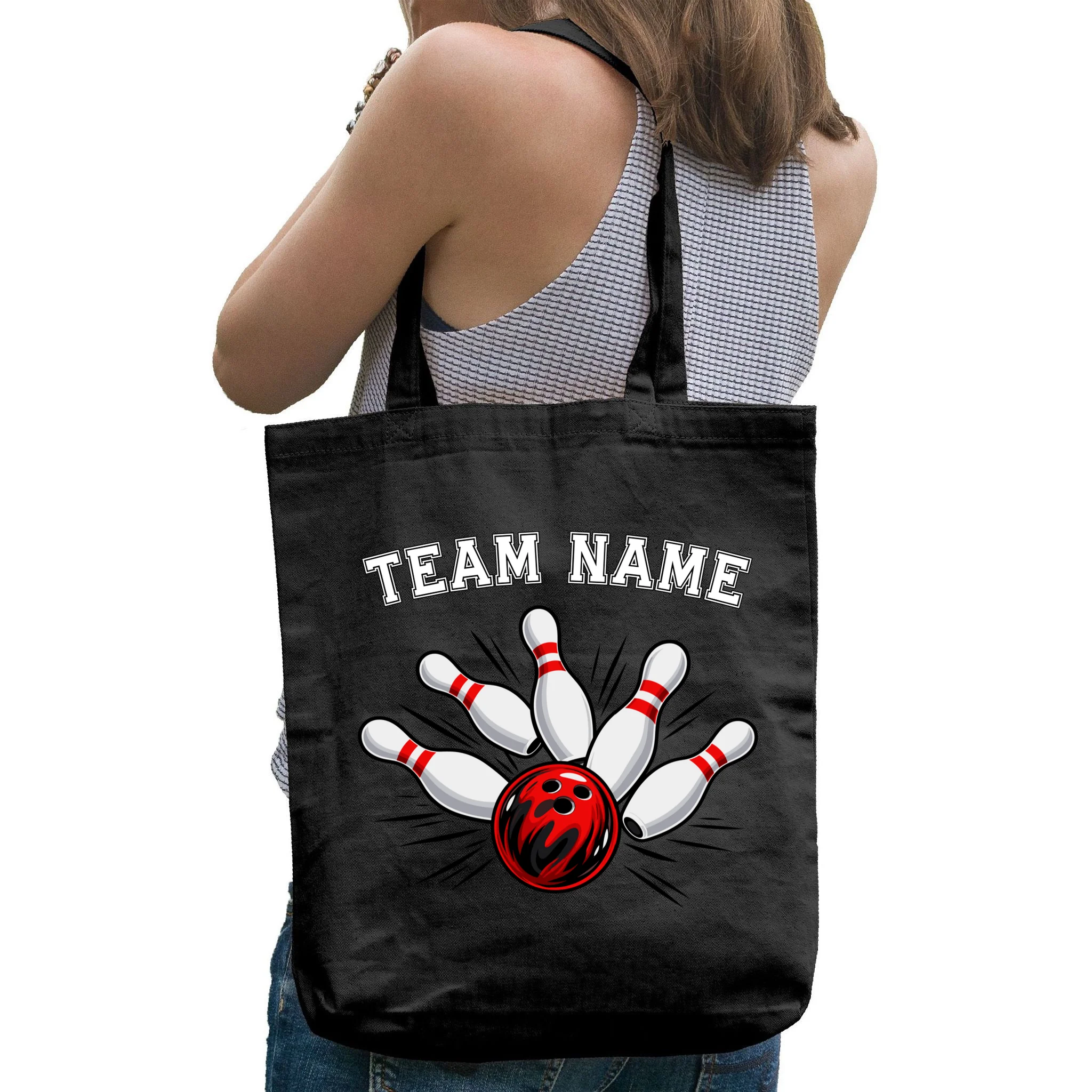 Bowling Team Name Personalized Custom Gift -  Bowling Pins & Ball Matching Design Tote Bag - Back - Close-up