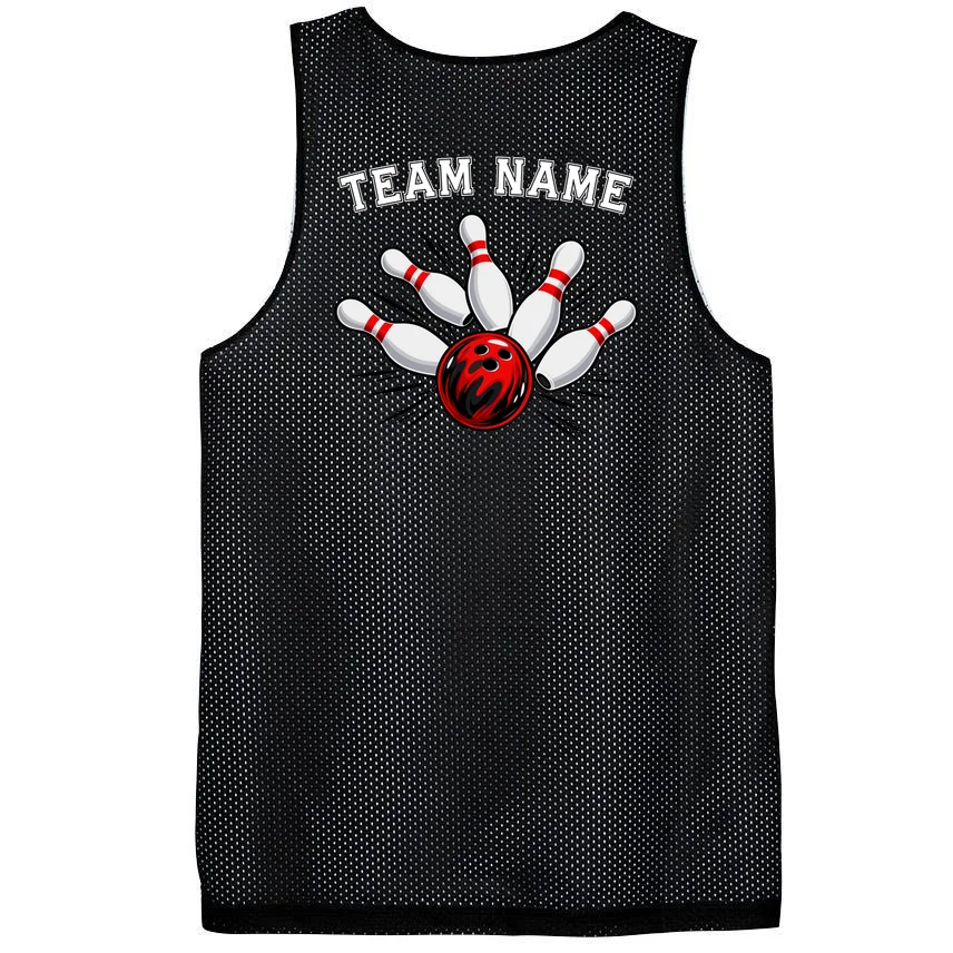 Bowling Team Name Personalized Custom Gift -  Bowling Pins & Ball Matching Design Men's Basketball Jersey - Back - Close-up