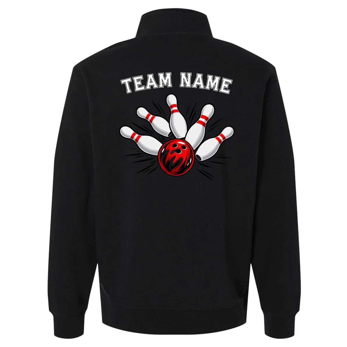 Bowling Team Name Personalized Custom Gift -  Bowling Pins & Ball Matching Design Men's Pullover Quarter Zip - Back - Close-up
