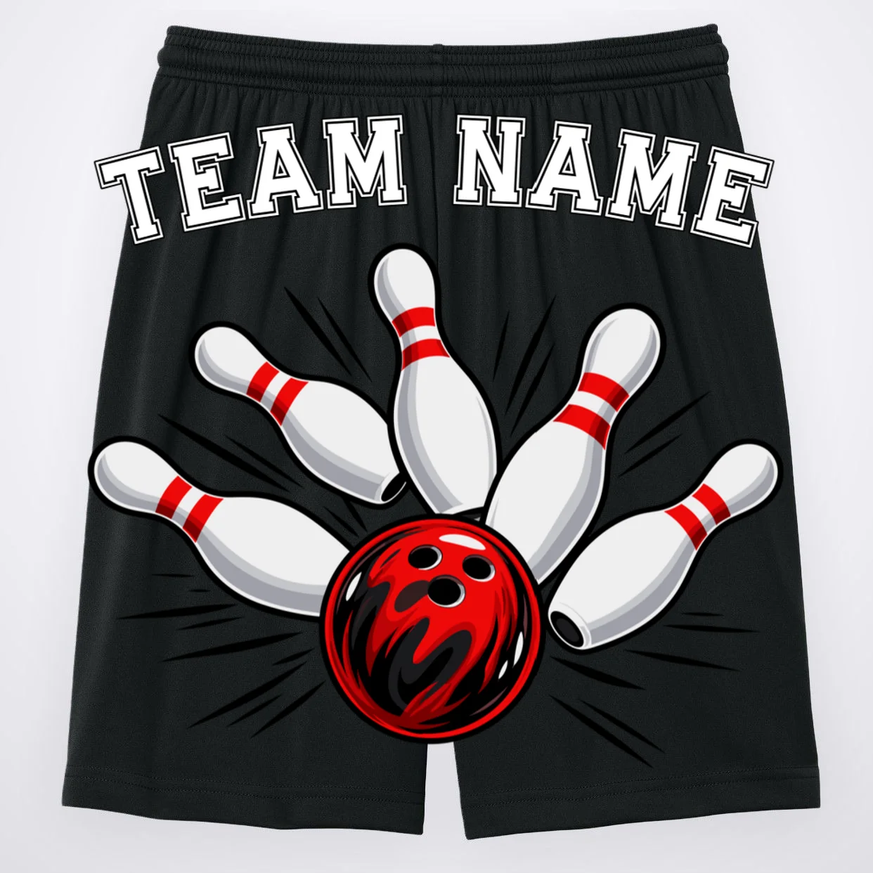 Bowling Team Name Personalized Custom Gift -  Bowling Pins & Ball Matching Design Men's Shorts - Back