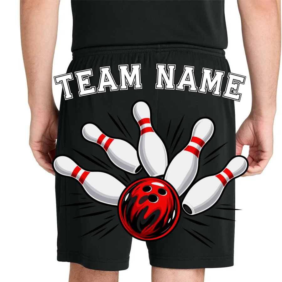 Bowling Team Name Personalized Custom Gift -  Bowling Pins & Ball Matching Design Men's Shorts - Back 1