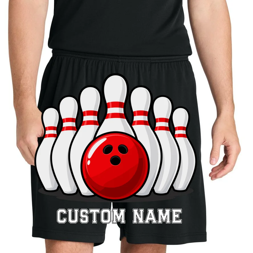 Bowling Team Name Personalized Custom Gift -  Bowling Pins & Ball Matching Design Men's Shorts - Front 1