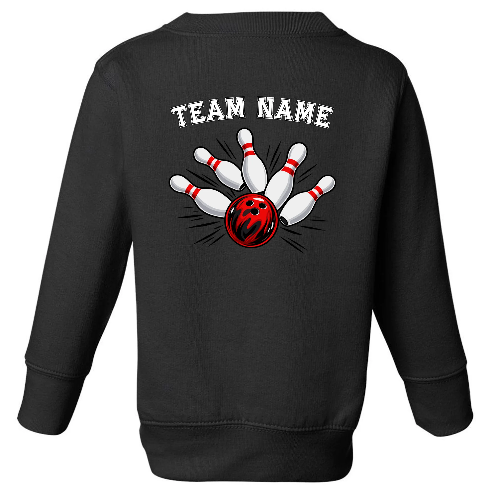 Bowling Team Name Personalized Custom Gift -  Bowling Pins & Ball Matching Design Toddler Sweatshirt - Back - Close-up