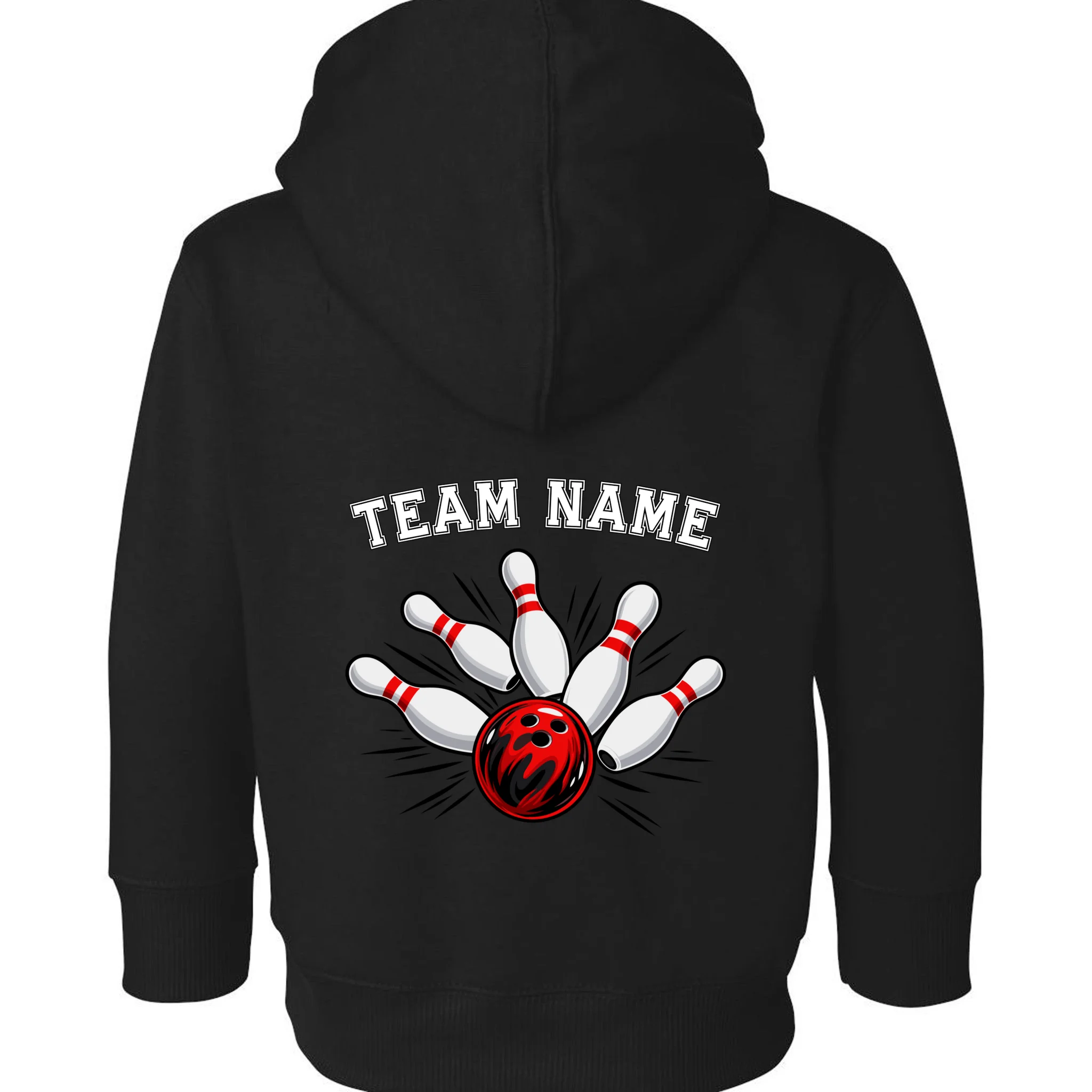 Bowling Team Name Personalized Custom Gift -  Bowling Pins & Ball Matching Design Toddler Hoodie - Back - Close-up