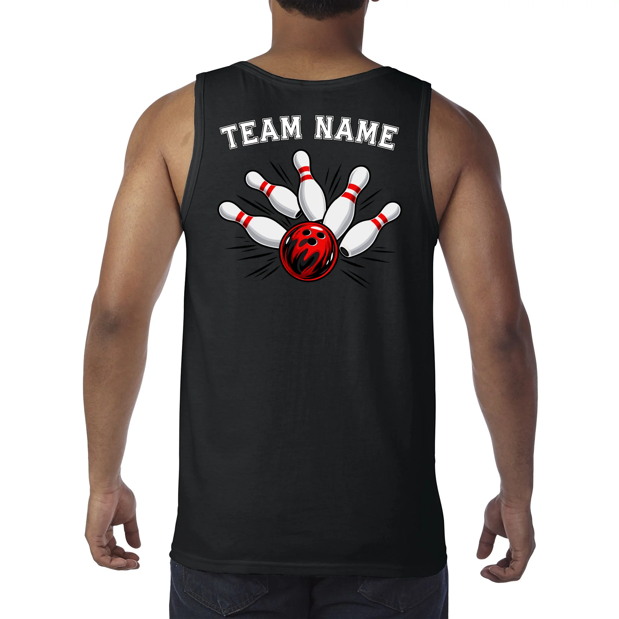 Bowling Team Name Personalized Custom Gift -  Bowling Pins & Ball Matching Design Men's Tank Top - Back