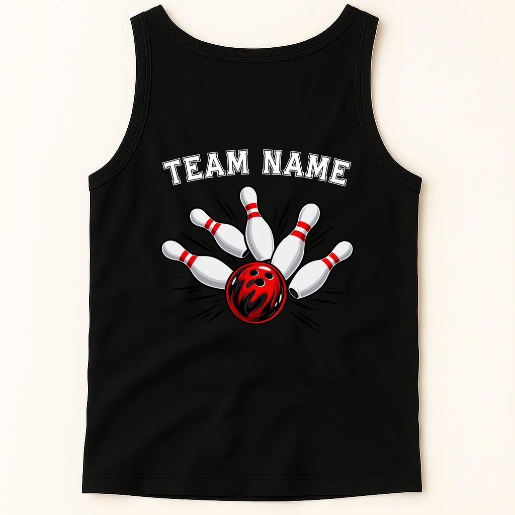 Bowling Team Name Personalized Custom Gift -  Bowling Pins & Ball Matching Design Men's Tank Top - Back 1