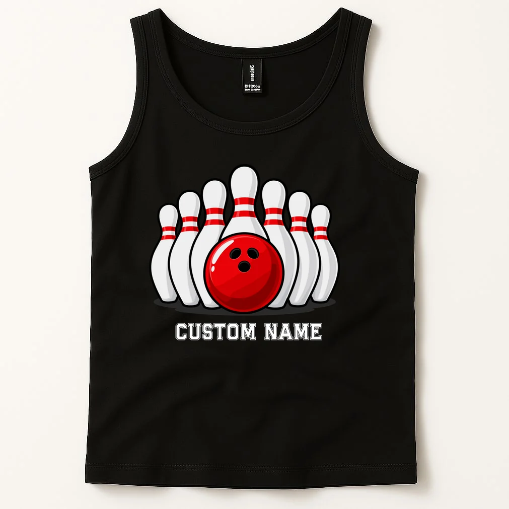 Bowling Team Name Personalized Custom Gift -  Bowling Pins & Ball Matching Design Men's Tank Top - Front 1