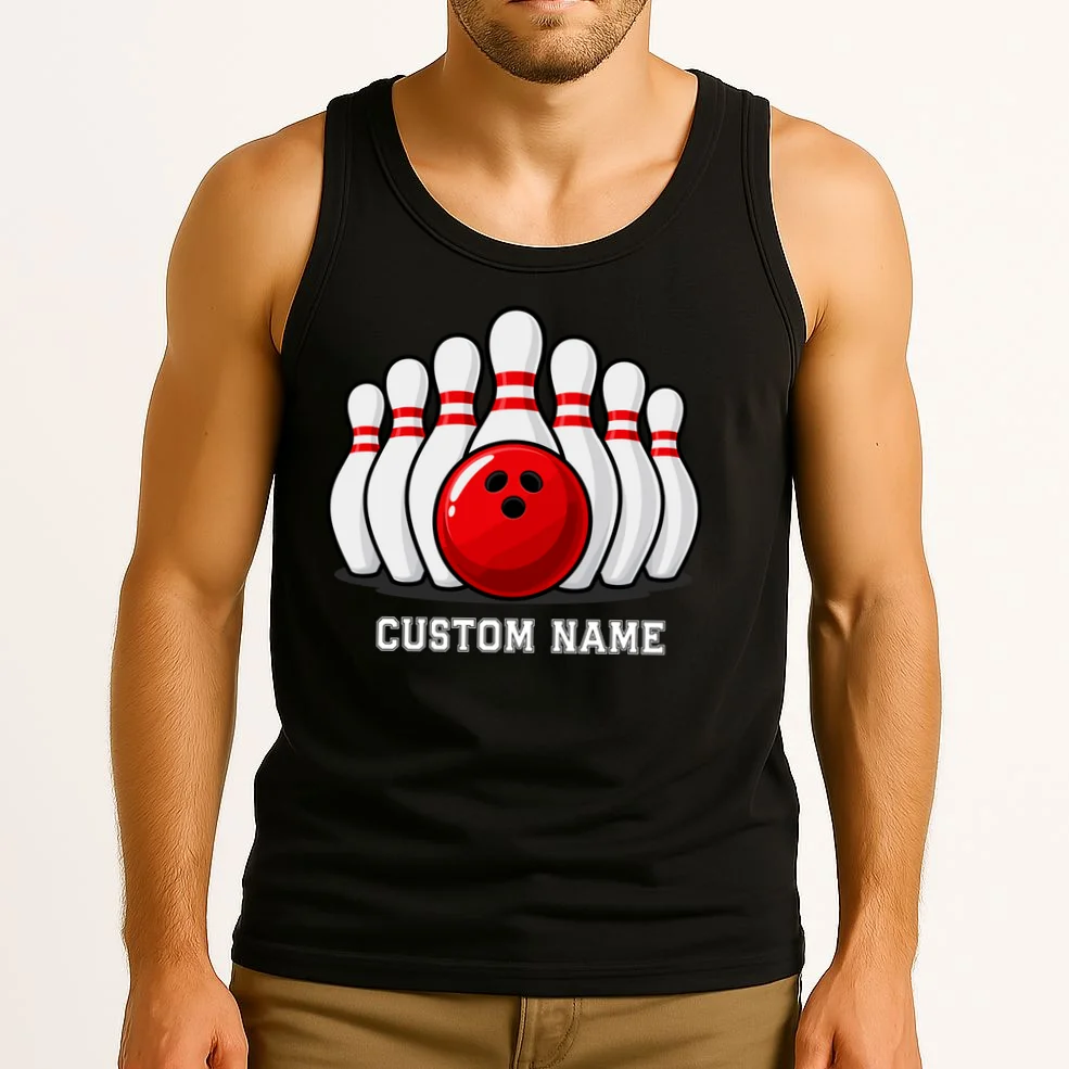 Bowling Team Name Personalized Custom Gift -  Bowling Pins & Ball Matching Design Men's Tank Top - Front 2