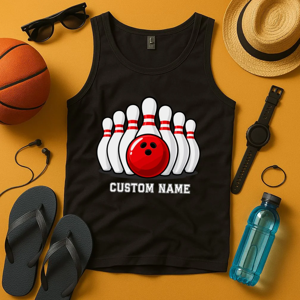 Bowling Team Name Personalized Custom Gift -  Bowling Pins & Ball Matching Design Men's Tank Top - Front 3