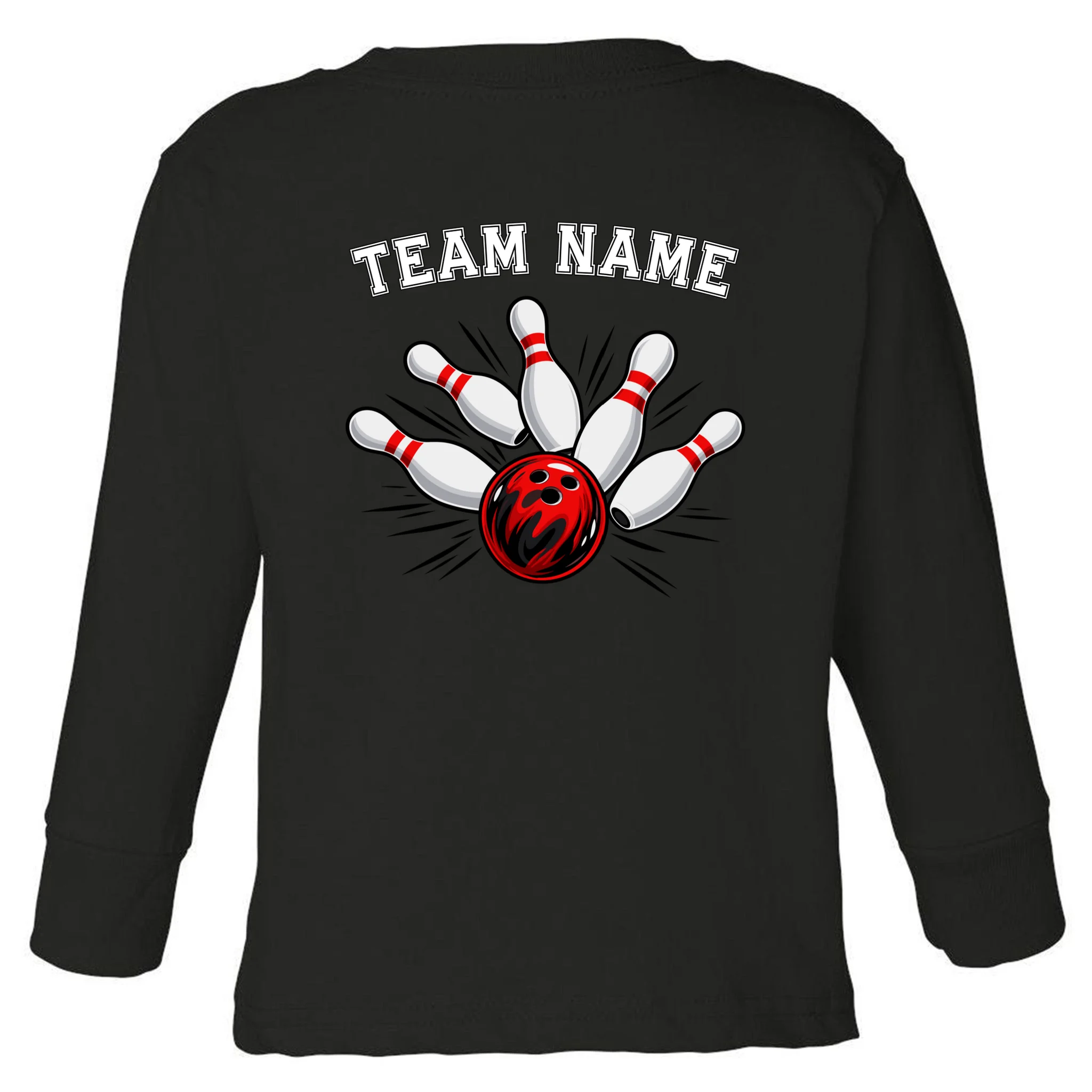 Bowling Team Name Personalized Custom Gift -  Bowling Pins & Ball Matching Design Toddler Long Sleeve Shirt - Back - Close-up