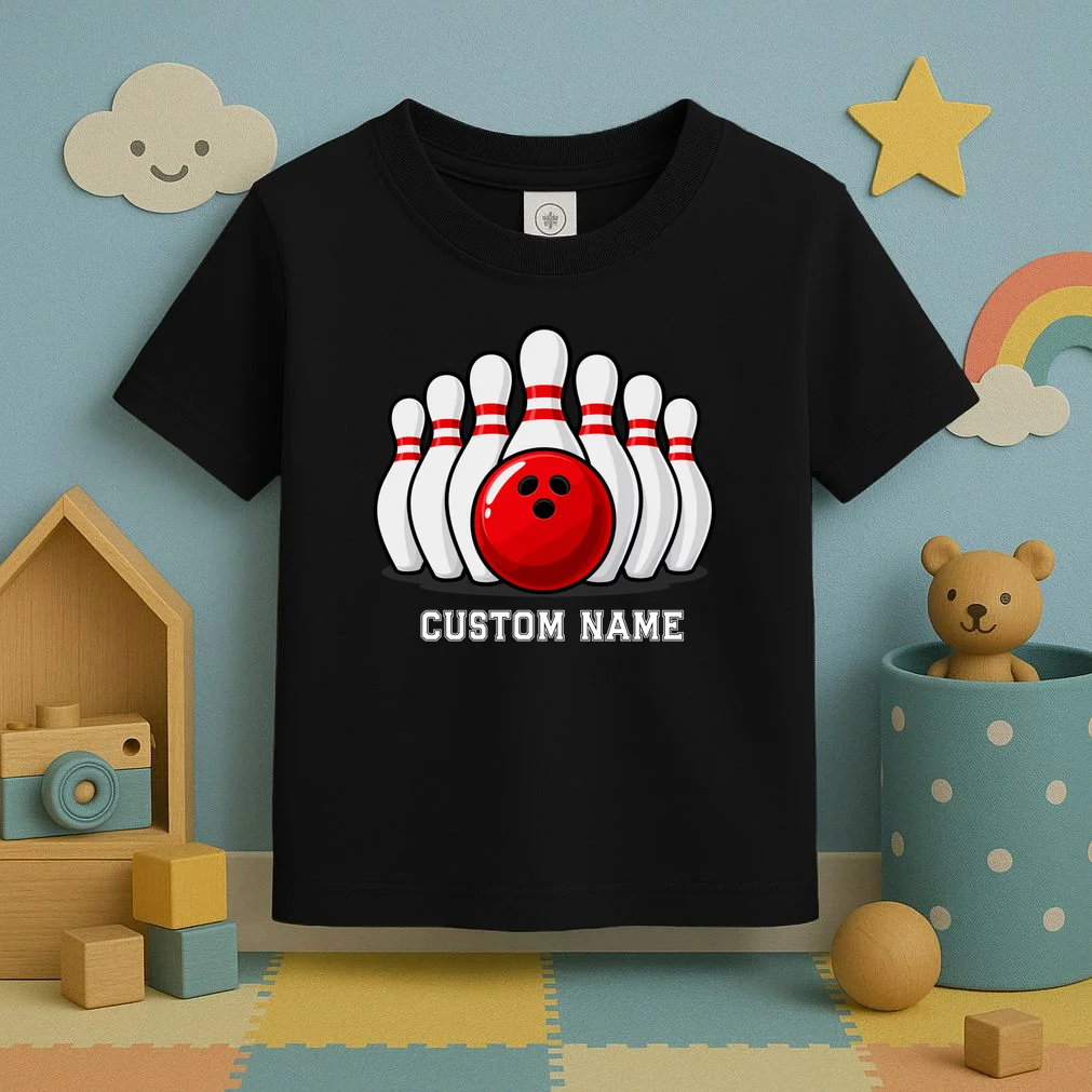 Bowling Team Name Personalized Custom Gift -  Bowling Pins & Ball Matching Design Toddler T-Shirt - Front 2