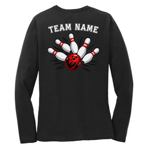 Bowling Team Name Personalized Custom Gift -  Bowling Pins & Ball Matching Design Women's Long Sleeve Shirt - Back - Close-up