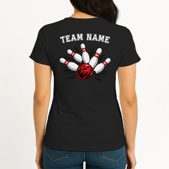 Bowling Team Name Personalized Custom Gift -  Bowling Pins & Ball Matching Design Women's T-Shirt - Back