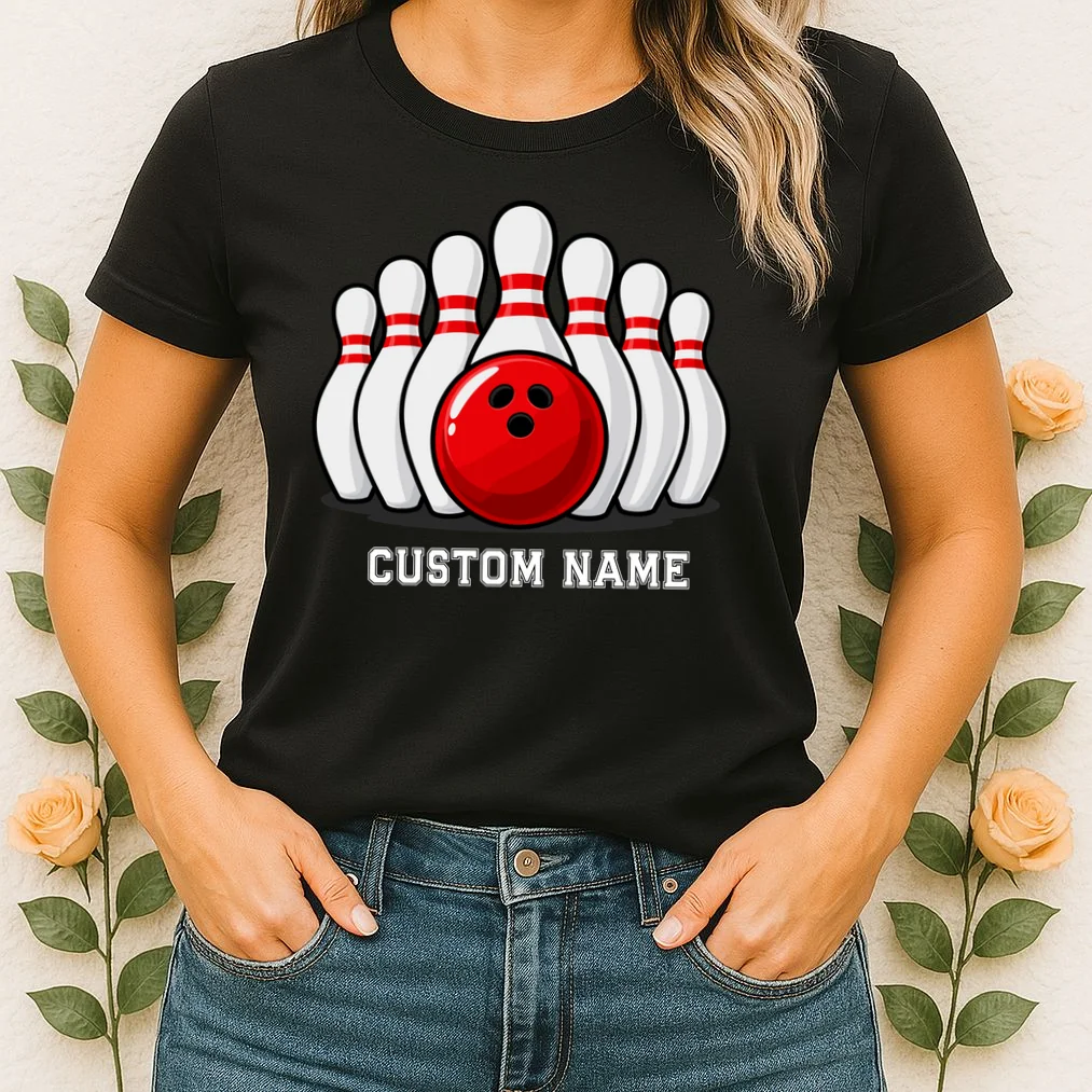Bowling Team Name Personalized Custom Gift -  Bowling Pins & Ball Matching Design Women's T-Shirt - Front 1