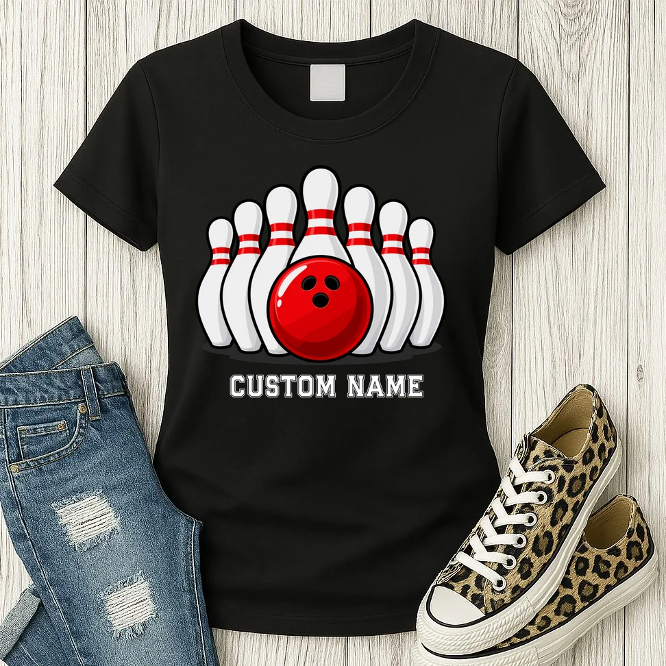Bowling Team Name Personalized Custom Gift -  Bowling Pins & Ball Matching Design Women's T-Shirt - Front 2