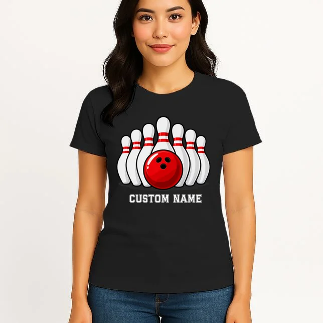 Bowling Team Name Personalized Custom Gift -  Bowling Pins & Ball Matching Design Women's T-Shirt - Front 3