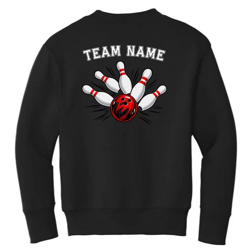 Bowling Team Name Personalized Custom Gift -  Bowling Pins & Ball Matching Design Kids Sweatshirt - Back - Close-up