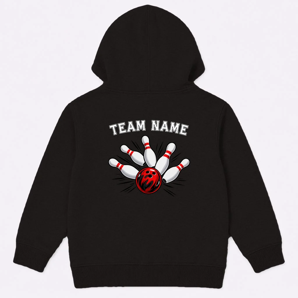 Bowling Team Name Personalized Custom Gift -  Bowling Pins & Ball Matching Design Kids Hoodie - Back
