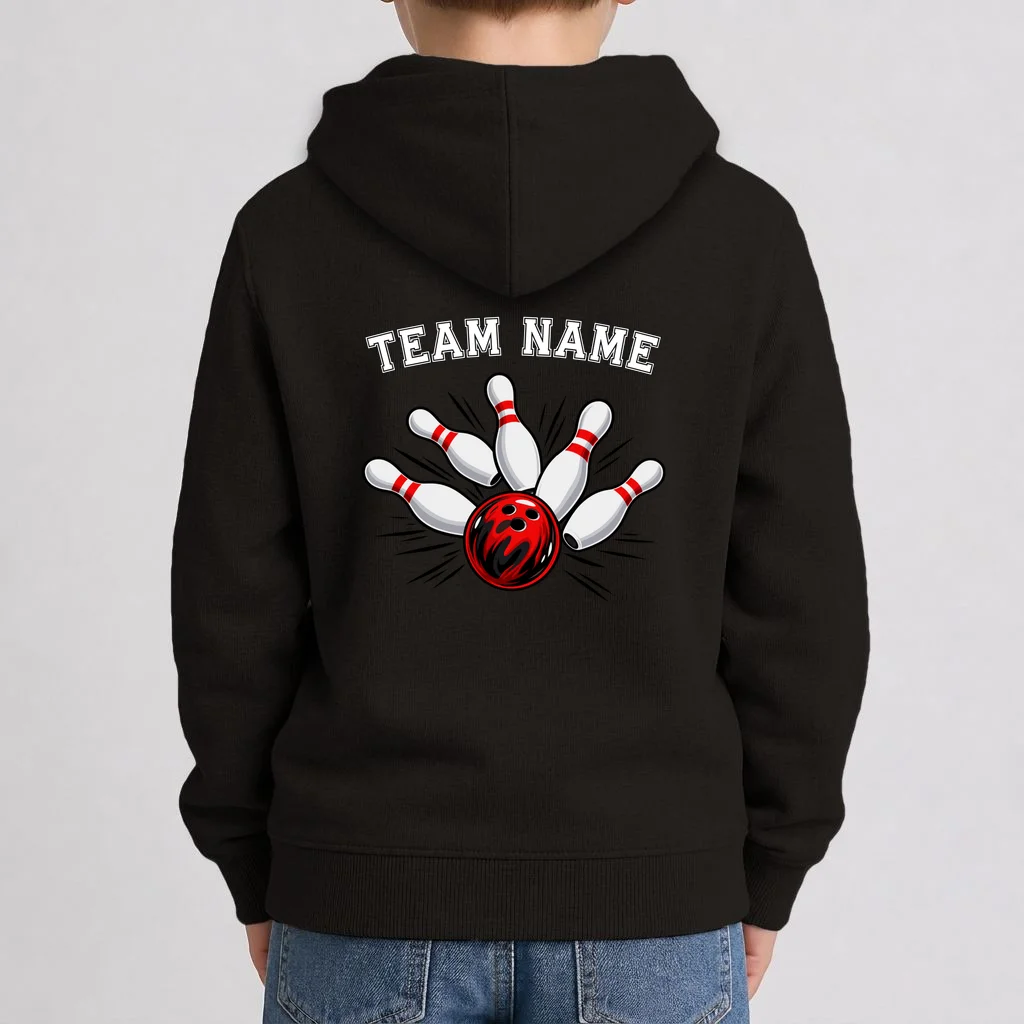 Bowling Team Name Personalized Custom Gift -  Bowling Pins & Ball Matching Design Kids Hoodie - Back 1