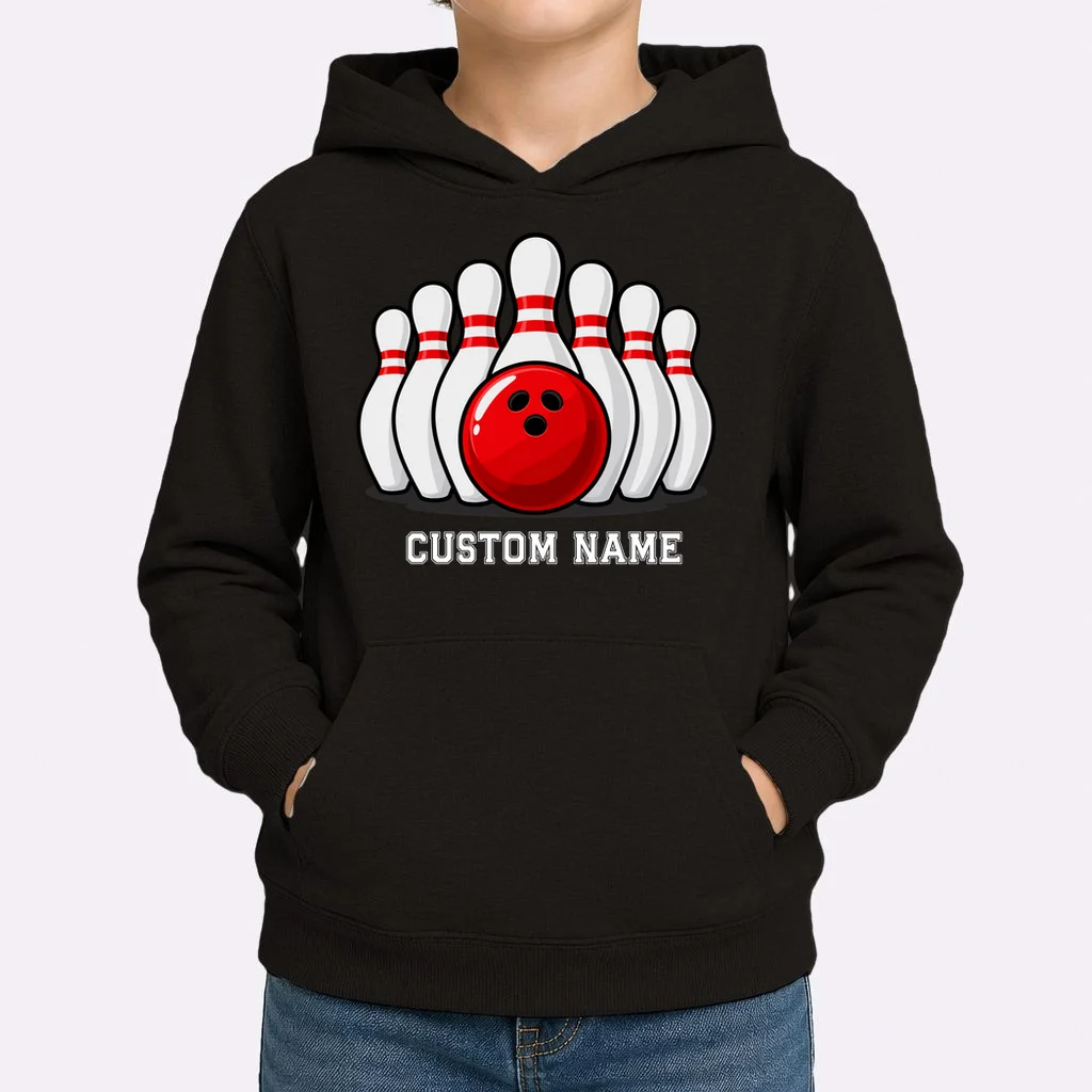 Bowling Team Name Personalized Custom Gift -  Bowling Pins & Ball Matching Design Kids Hoodie - Front 1