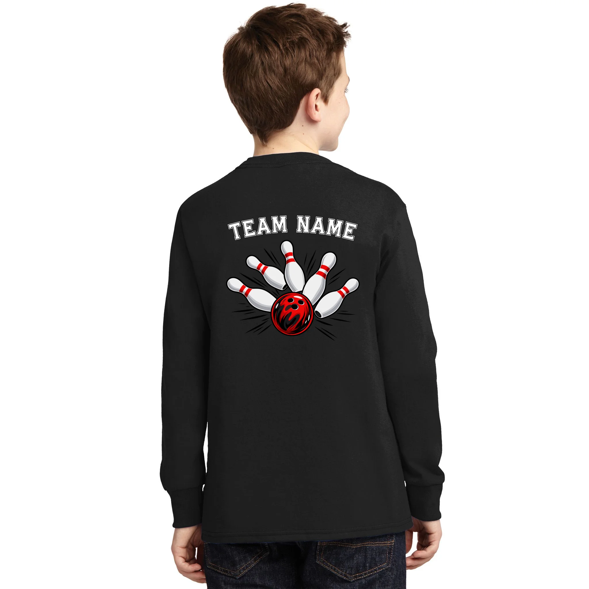 Bowling Team Name Personalized Custom Gift -  Bowling Pins & Ball Matching Design Kids Long Sleeve Shirt - Back - Close-up