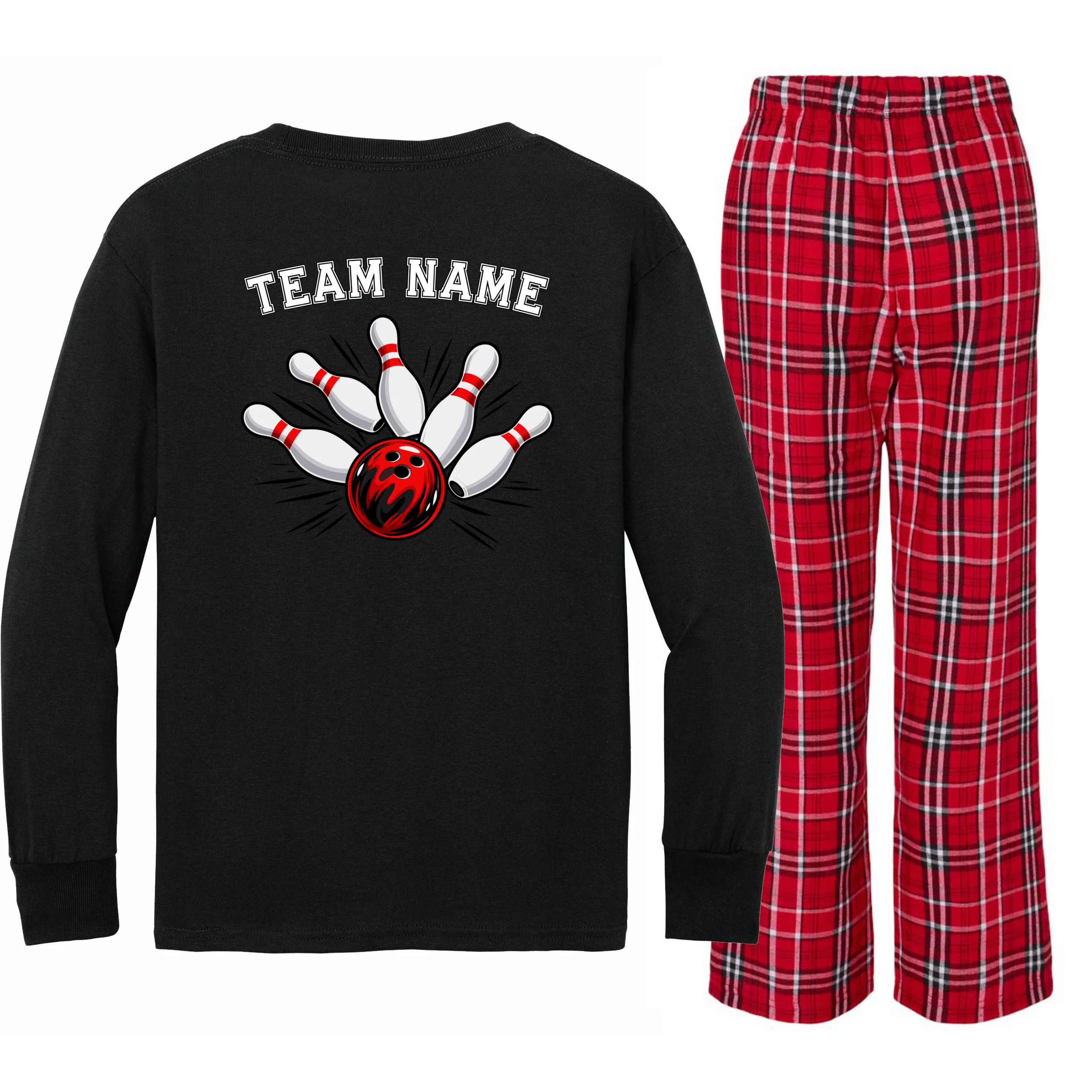 Bowling Team Name Personalized Custom Gift -  Bowling Pins & Ball Matching Design Kids Long Sleeve Pajamas - Back - Close-up