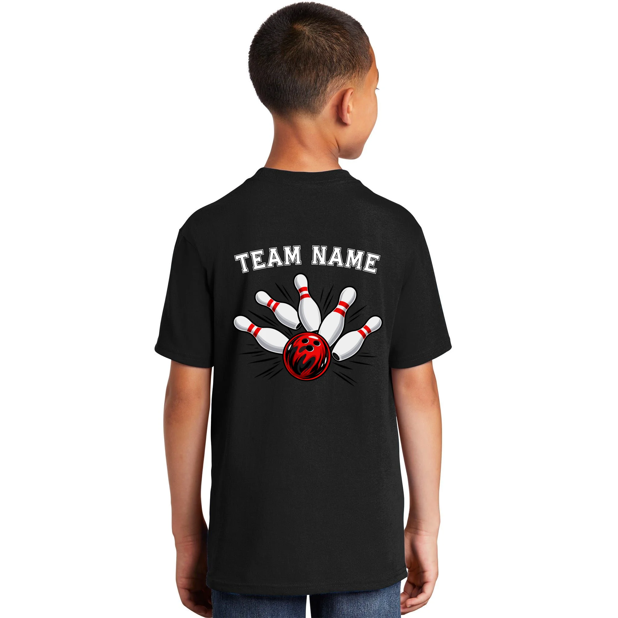 Bowling Team Name Personalized Custom Gift -  Bowling Pins & Ball Matching Design Kids T-Shirt - Back