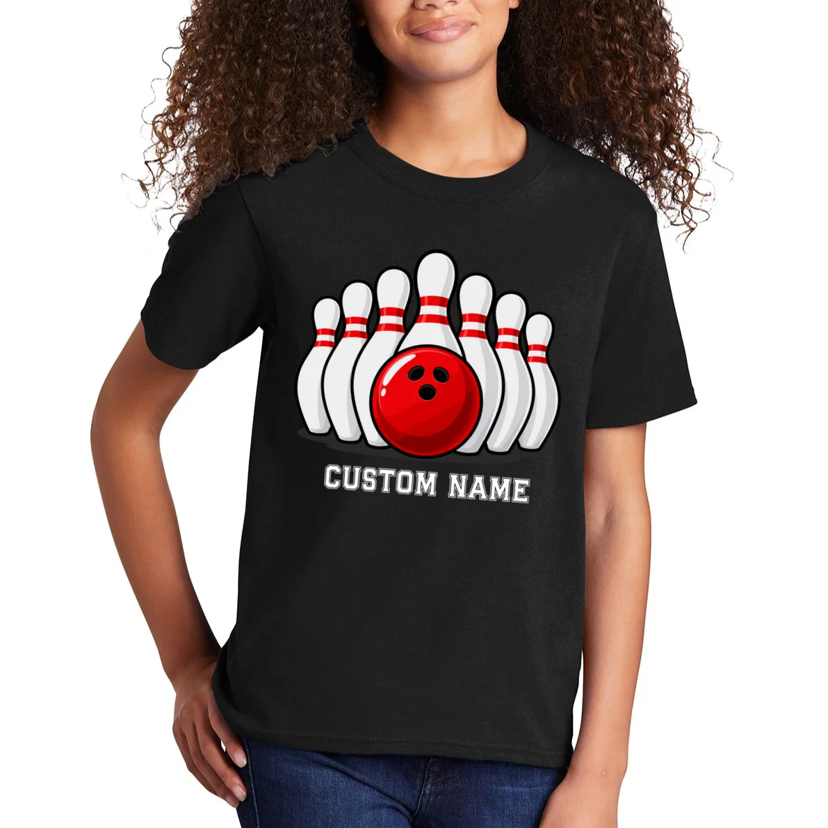 Bowling Team Name Personalized Custom Gift -  Bowling Pins & Ball Matching Design Kids T-Shirt - Front 1