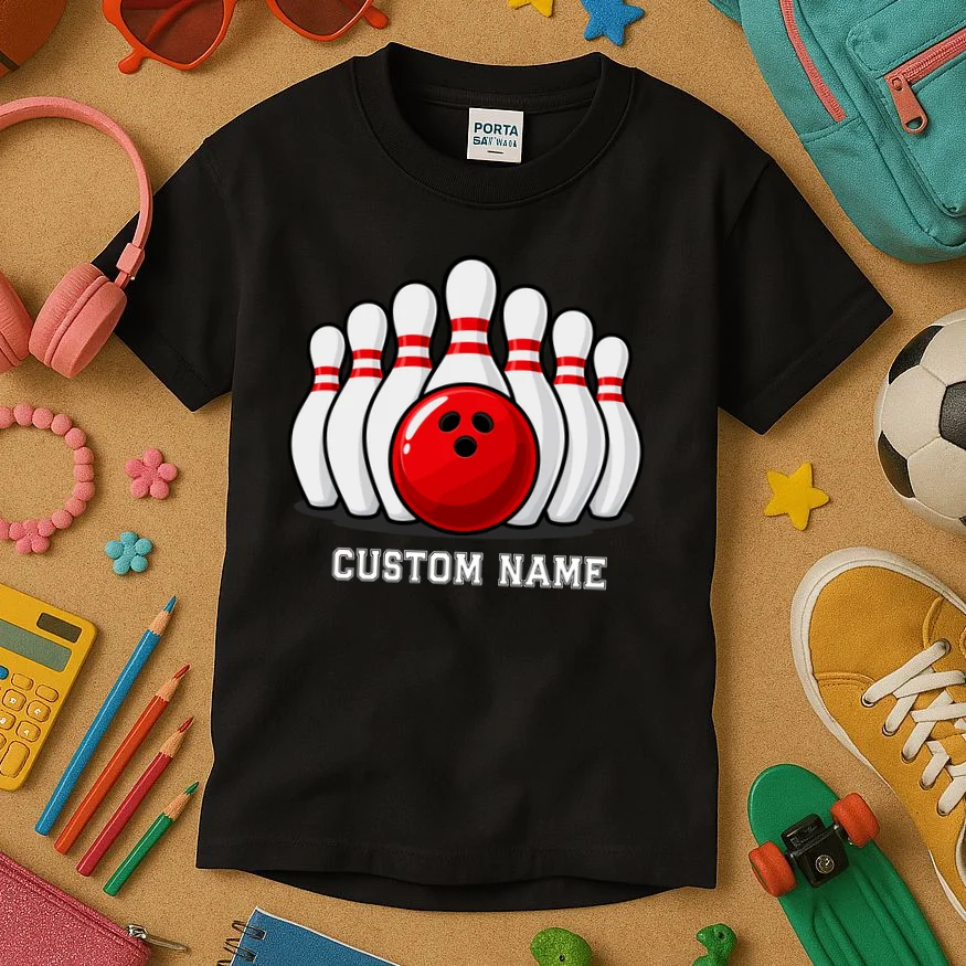 Bowling Team Name Personalized Custom Gift -  Bowling Pins & Ball Matching Design Kids T-Shirt - Front 2