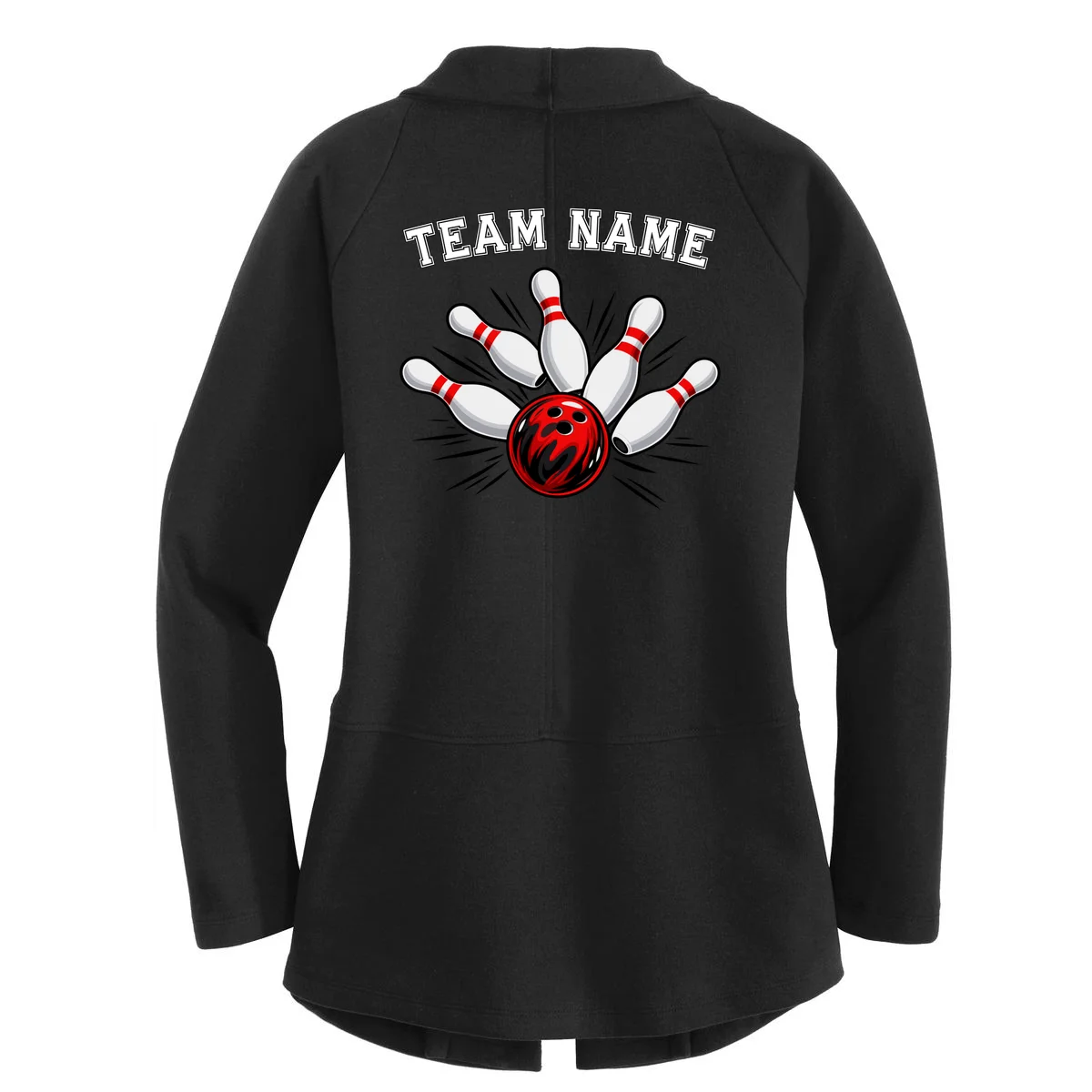 Bowling Team Name Personalized Custom Gift -  Bowling Pins & Ball Matching Design Women's Cardigan - Back - Close-up