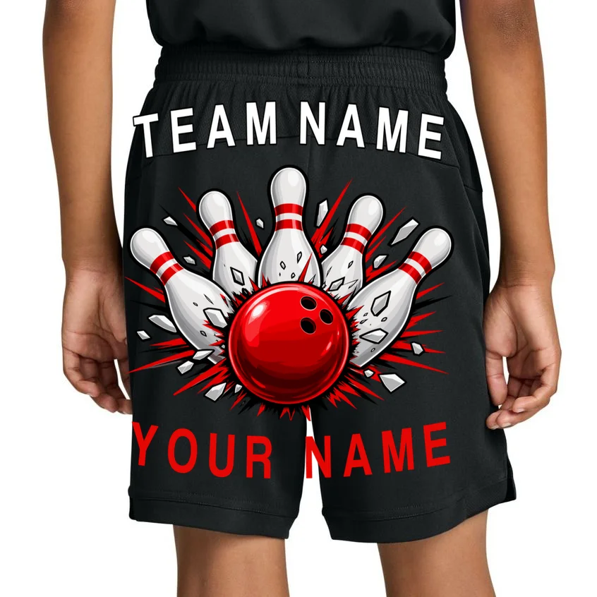 Bowling Team Name Personalized Custom Gift - Custom Bowling Pins & Ball Team Design Kids Shorts - Back 1