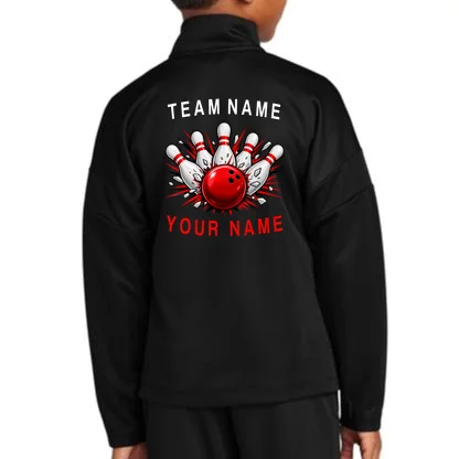 Bowling Team Name Personalized Custom Gift - Custom Bowling Pins & Ball Team Design Kids Jacket - Back - Close-up