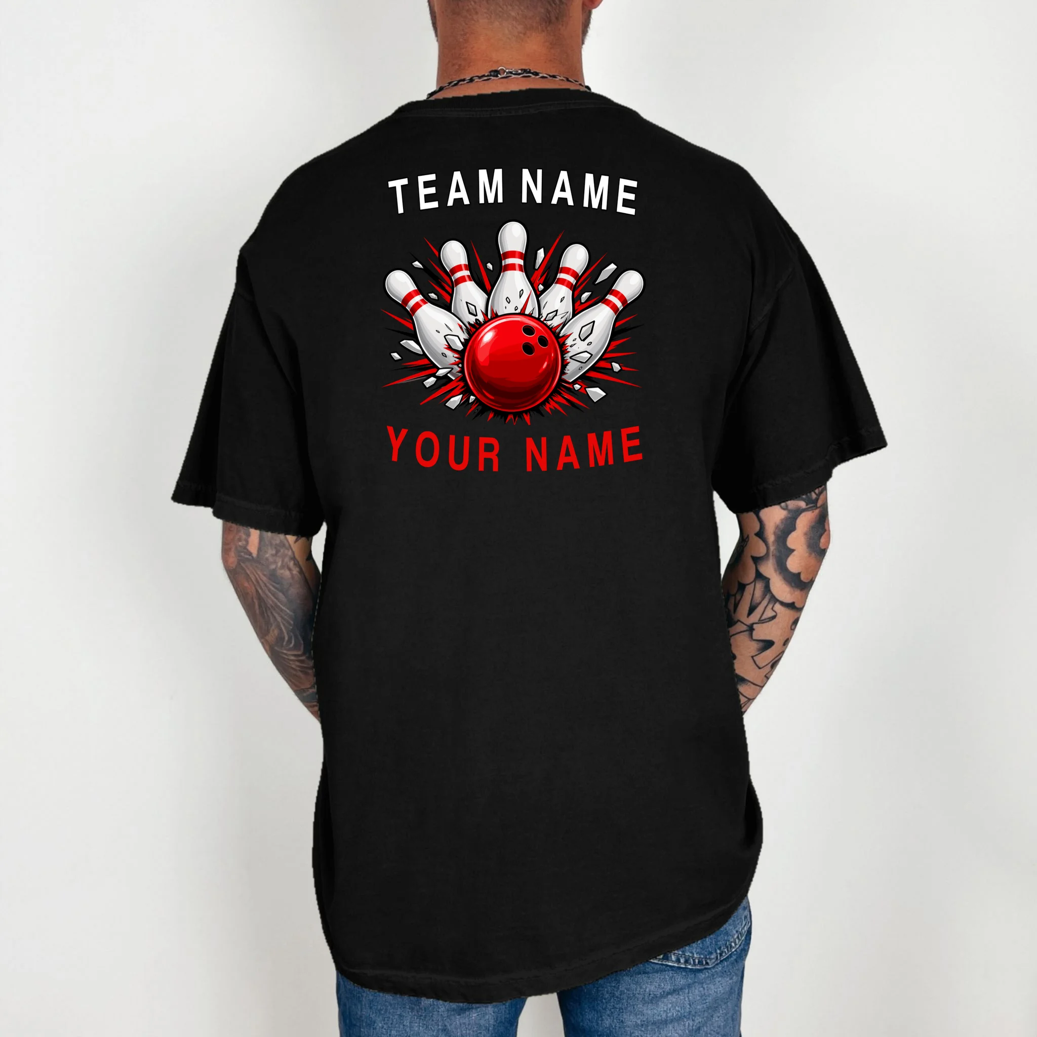 Bowling Team Name Personalized Custom Gift - Custom Bowling Pins & Ball Team Design Comfort Colors Unisex T-Shirt - Back 2