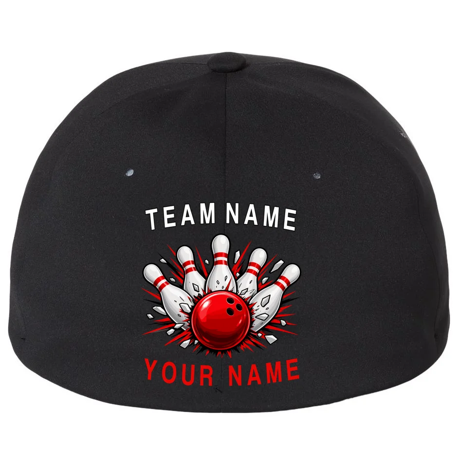 Bowling Team Name Personalized Custom Gift - Custom Bowling Pins & Ball Team Design Flexfit Men's Snapback Hat - Back - Close-up