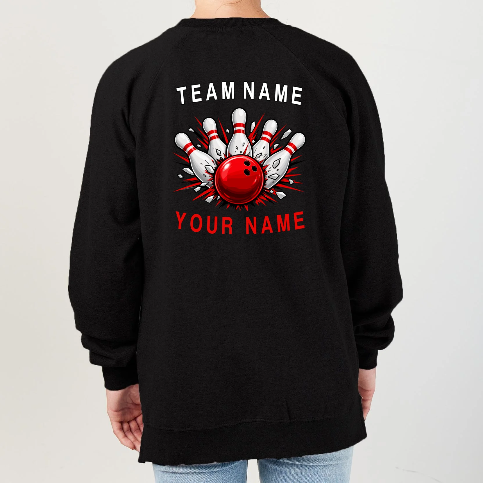 Bowling Team Name Personalized Custom Gift - Custom Bowling Pins & Ball Team Design Women's Sweatshirt - Back - Close-up
