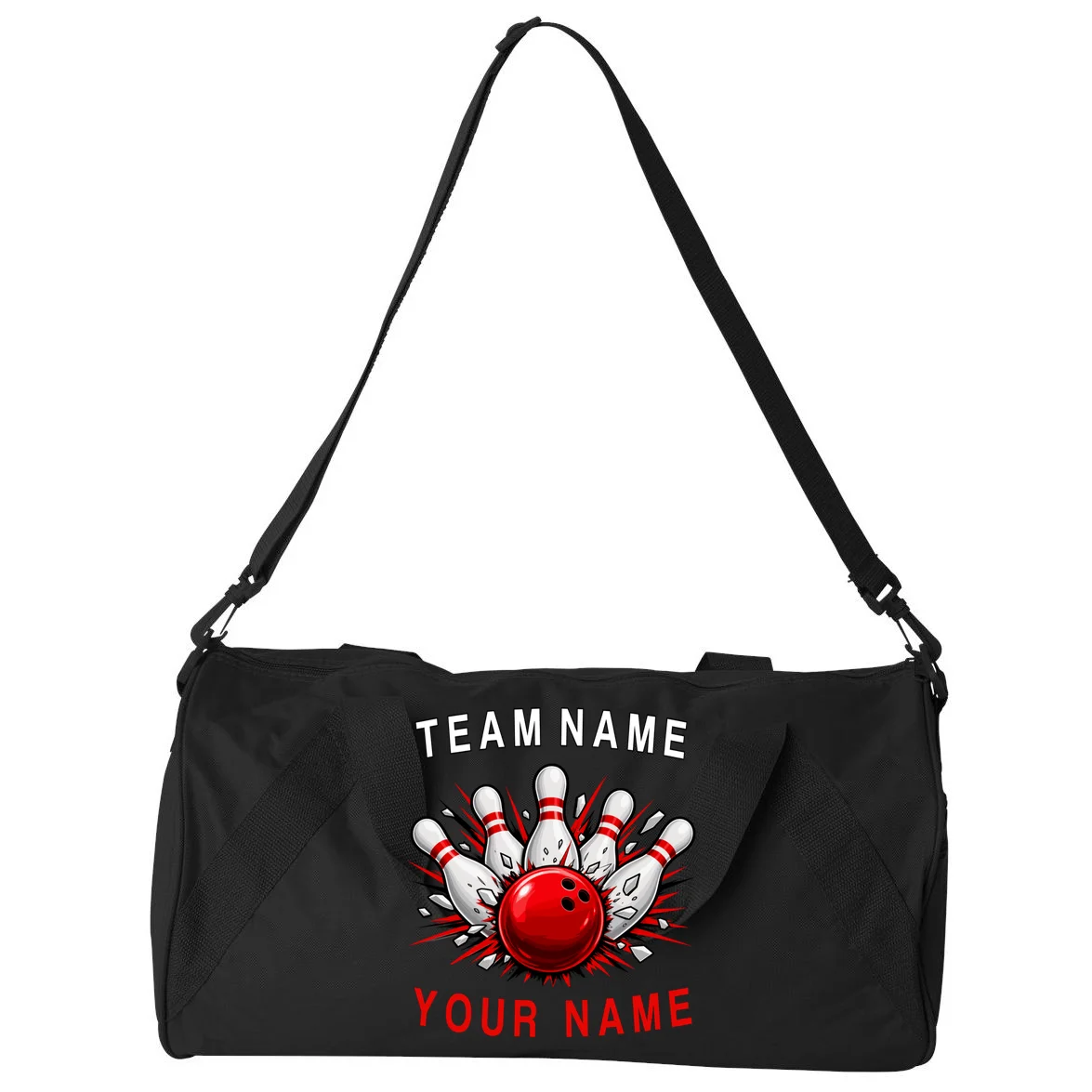 Bowling Team Name Personalized Custom Gift - Custom Bowling Pins & Ball Team Design Duffel Bag - Back - Close-up